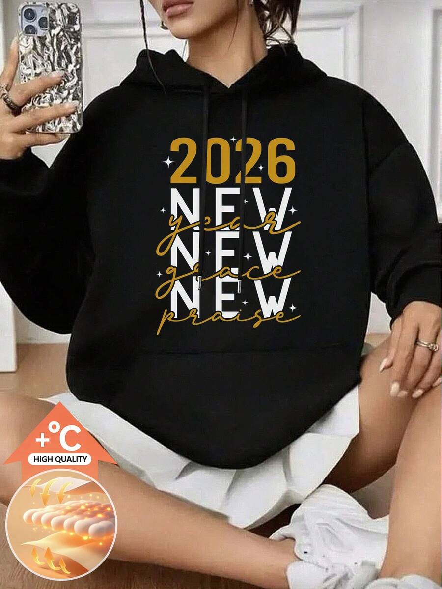 Sudadera informal con capucha para mujer, con cordón ajustable y estampado gráfico, mangas largas y caídas. - Negro - Ver 1