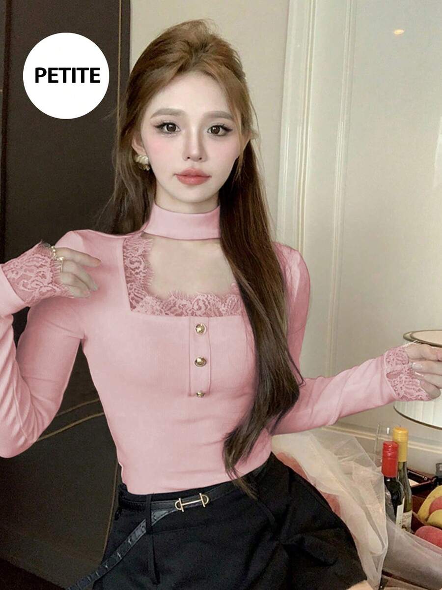 French Elegant Black Lace Long Sleeve T-Shirt, High-End Layering Top For Women, Spring - Pink - View 1