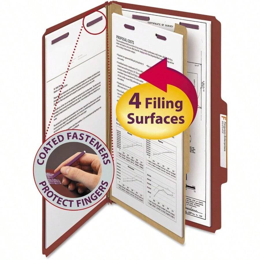 Smead Pressboard Classification File Folder With SafeSHIELD Fasteners 1 Divider 2" Expansion Legal Size Red 10 Per Box 18775 - Red - View 1