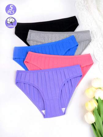 5pcs/Pack Women's Solid Color Pure Cotton Low Waist Briefs, High Elasticity Comfortable Breathable Skin-Friendly Hipster Panties, Suitable For Daily Wear All Seasons