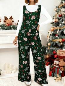 (No T - Shirt Included) Women's Regular Size Christmas Snowflake Print Strappy Jumpsuit With Pockets, Casual Wide Leg Holiday Overalls,Fashion Christmas Outfit For Women,Christmas Jumpsuit For Casual Daily Wear ,Fashion Christmas Clothes ,Casual Fall Women Clothes - Green - View 1