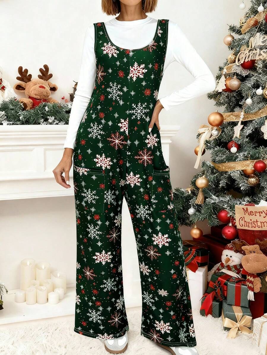 (No T - Shirt Included) Women's Regular Size Christmas Snowflake Print Strappy Jumpsuit With Pockets, Casual Wide Leg Holiday Overalls,Fashion Christmas Outfit For Women,Christmas Jumpsuit For Casual Daily Wear ,Fashion Christmas Clothes ,Casual Fall Women Clothes - Green - View 1