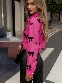 Women's Fashionable Cute Bow & Heart Print Button-Up Shirt, Spring/Summer - Hot Pink - View 4