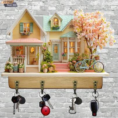 1 pieza Soporte de llaves de madera multifuncional con 4 ganchos de metal con diseño plano 2D de cuento de hadas. Organizador de pared encantador y caprichoso para el pasillo, la entrada, el porche, la habitación, la villa. Solución de almacenamiento decorativa para llaves, bufandas, sombreros, cordones y pequeños accesorios. Idea de regalo ideal para inauguración de casa y ocasiones festivas. Estética inspirada en el estilo de granja de estilo vintage. Diseño fácil de instalar y ahorra espacio. Acento decorativo estacional perfecto para el hogar para mejorar el estilo y la organización