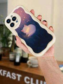 Funda de Silicona TPU Gatito Kawaii Estilo Artístico para iPhone X/XS/XR/11/12/13/14/15/16, Protectora Suave con Diseño de Gato en la Luna, Ideal para Mujeres y Jóvenes, Accesoorio de Moda - Blanco - Ver 3