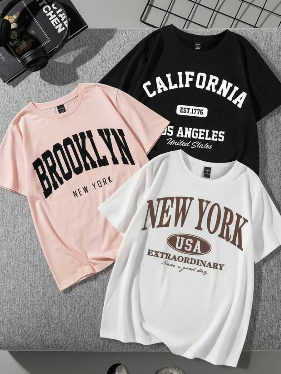 Set 3 Camisetas Manga Corta Cuello Redondo Estampado California Los Angeles Brooklyn New York  Mujer - multicolor3 - Ver 1