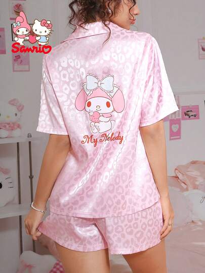 Sanrio 2件套My Melody女士豹纹粉色睡衣套装，翻领短袖短裤，家居服，可爱睡衣套装，休闲装