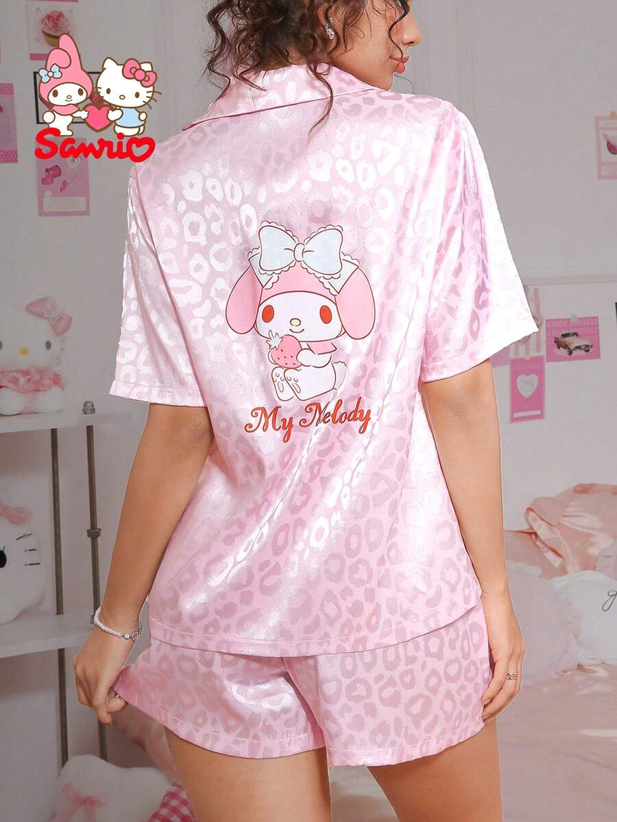 SANRIO 2pcs  Women Leopard Print Pink Pajama Set, Collared Short Sleeve Shorts, Loungewear, Cute Sleepwear Set, Casual Outfit - 粉色 - 查看 1