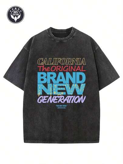 CALIFORNIA Camiseta de algodón puro de 230g con estampado creativo, de gran tamaño y hombros caídos, camiseta lavada para hombres, camiseta retro de calle, camiseta básica, camiseta holgada de hip-hop unisex, top de pareja vintage lavado