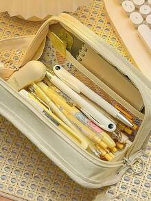 1 pieza Estuche de lápices de lona con diseño de oso lindo, caja de lápices con cremallera, bolsa de almacenamiento de gran capacidad, organizador de papelería, útiles escolares