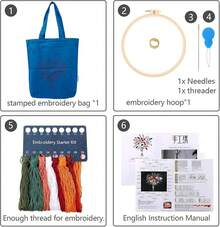 EstiloTendenciaKit De Bordado Para Bolsa De Lona Con PatróN Para Principiantes. Kits De Manualidades De Bordado DIY Para Adultos. Incluye Instrucciones, Dedal, Bastidores De Bordado E Hilos De Colores (CR002 Jinxiumixiang)Calidad PremiumVersióN Mejorada - CR002 qingfengnuanyang azul oscuro - Ver 5