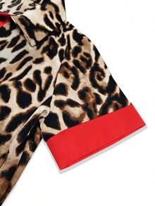 Đầm dài nữ họa tiết da báo, tay ngắn, phối màu đỏ tương phản, cài cúc phía trước, chất liệu polyester, dáng chữ H, phong cách thường ngày đa năng, phù hợp cho mọi mùa. - Đỏ - Xem 5