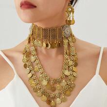 Vintage Exotic Bohemian Palace Ancient Gold Coin Multi-Layer Necklace, Hollow Alloy Exaggerated Tassel Bead Necklace, Tassel Coin Necklace, 3-Piece Set With Rhinestone Pendant Earrings - Ancient Coin Multi-layer Necklace Set - View 8