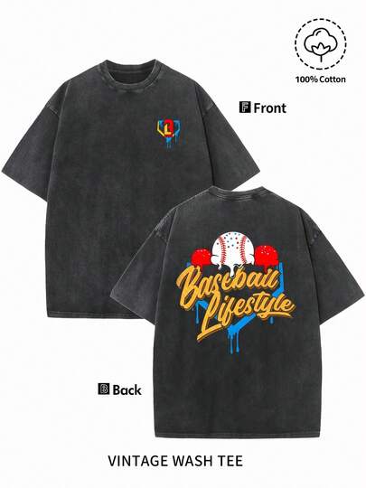 Camiseta de patrón de estilo de vida retro de béisbol para hombres - 230g de algodón lavado, impresión de doble cara, diseño deportivo retro, camiseta de cuello redondo de manga corta, casual de verano, deportiva al aire libre, de ajuste holgado