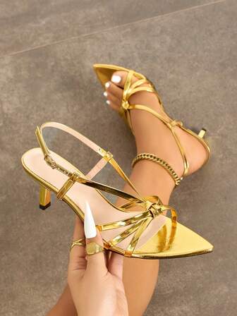 Women's High Heel Shoes, Suitable For Autumn/Winter, Nightclub, Party, Outdoor, Fashion, Elegant, Metallic Pointed Toe, Adjustable Ankle Strap, Soft Metallic Material, Sexy, Luxurious, Gold Color, Formal Wear, Sandals, Popular For Ballroom Party