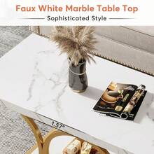 LITTLE TREE Modern Rectangle Coffee Table With Faux Marble Top, 2-Tier Storage Shelf & Geometric Gold Legs, 47 Inch Living Room Centre Table, Rustic Brown Wood Finish, Easy Assembly​ - White - View 3