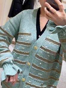 Women's Color-Block Striped Top, V-Neck Long-Sleeved Lace-Trimmed Button-Down Cardigan Sweater With Pockets, For Casual And Streetwear, Suitable For All Seasons And Highly Popular, Office For Women, Women's Outwear Tops, Women's Cardigans,Christmas Sweater,Thanksgiving For Women.