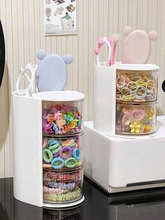 1 pieza Caja de almacenamiento de accesorios para el cabello con compartimentos giratorios multicapa, organizador de maquillaje, soporte para pinzas y lazos para el cabello, vitrina para decoración del cabello de niños, caja de almacenamiento dividida práctica para peines, gafas, brochas de maquillaje, lápices de cejas, caja de accesorios para el cabello de material PET minimalista, caja de regalo para el Día del Niño/Cumpleaños