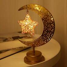 1PC Star & Moon Metal Rattan Night Light - LED Table Lamp With Golden Crescent Moon & Star Design, Perfect For Bedroom,Home, Powered By 3AA Batteries, Excluding Batteries - Entwined Vine Star and Moon Table Lamp - View 7