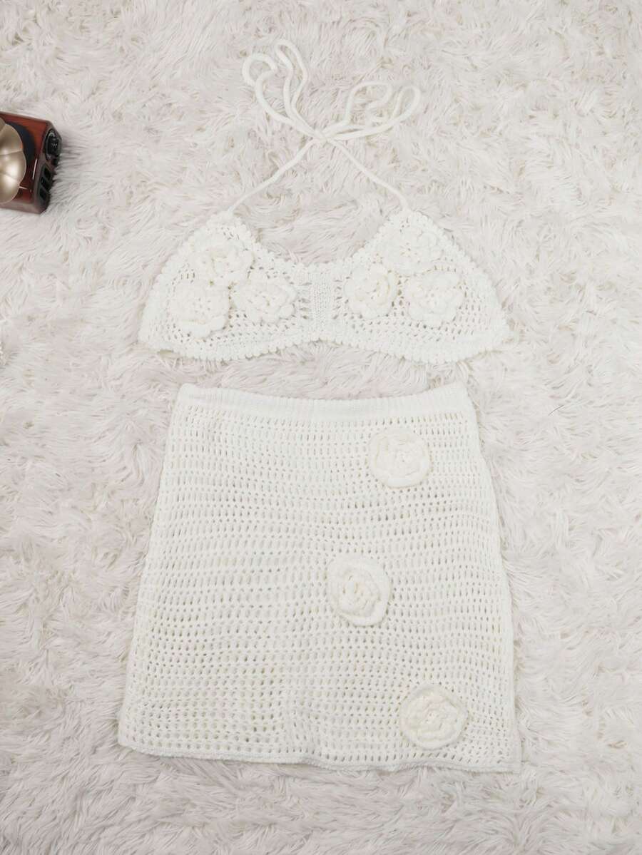 Y2K 白色 3D 花朵度假两件套镂空半透明系带针织露脐上衣和性感低腰紧身迷你裙纯色比基尼套装女士夏季沙滩装 - 白色 - 查看 1