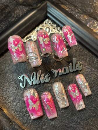 10片装方形美甲贴片套装，粉色猫眼&玫瑰扎染风格，手绘蝴蝶&几何图案&3D水滴设计，Y2K风格美甲套装，适合女性日常佩戴、派对、情人节等场合（包含：一片果冻胶和一条摩擦条）