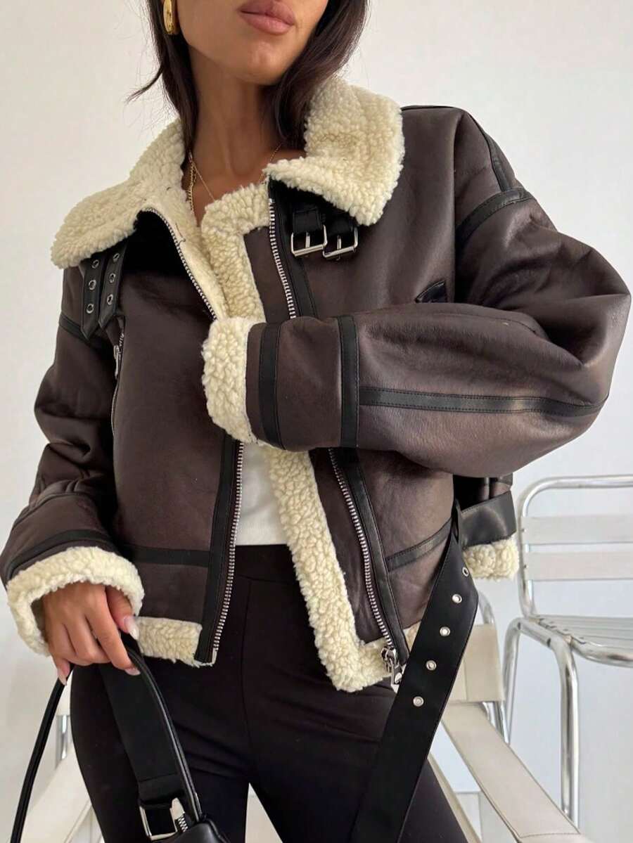 Women's 2025 Winter Warm Lamb Fur Splicing Artificial Leather Short Motorcycle Jacket Lapel Zipper Decoration Elegant Women's Streetwear - Màu nâu  Mocha - Xem 1