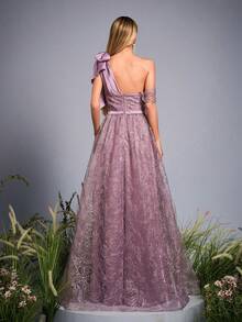 Anpoket New Arrival One Shoulder Elegant Evening Gown Dress Pearls Beaded Ruched Bow Ruffle Mesh Long Dress - Purple - View 2