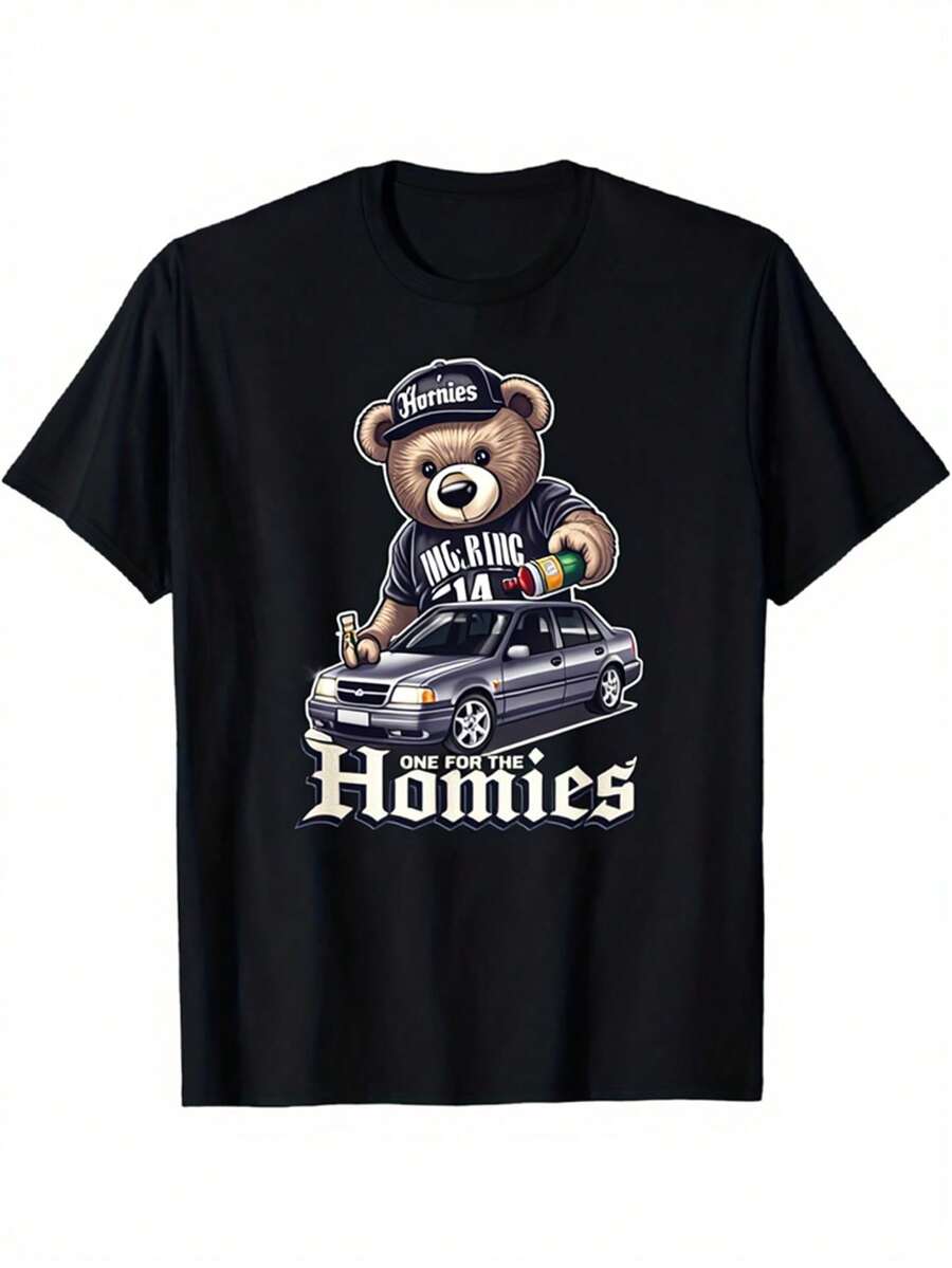 Classic Black T-Shirt With Homies Teddy Bear Graphic |   Casual Daily Wear, Unisex, All-Season, Comfortable Fit, Crew Neck, Short Sleeve, Heat Transfer Printing - màu đen - Xem 1