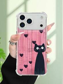 1 pieza Funda transparente con diseño de gato negro sobre fondo rosa de madera con corazones estilo dulce y romántico ideal para regalo en San Valentín protección contra caídas carcasa transparente ligera y resistente, compatible con iPhone 17/16/15/14/13/12/11/XS/XR/X/PLUS/PRO/PROMAX, compatible con Galaxy A34/A35/A54/A55, Galaxy S20/S21/S22/S23/S24 Ultra/Plus, compatible con Moto/Galaxy/Redmi/Honor/OPPO, regalo ideal para fiestas - transparente - Ver 5