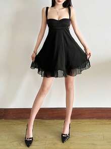 Top Dazzle Loose Fit Off Shoulder Mesh Slip Dress - Black - View 6
