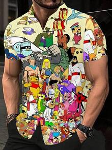 [Short Sleeve] Men'S 3D Digital Print Summer Short Sleeve Shirt With Cartoon Character Pattern, Button-Up Collar, Regular Fit, Fashionable Sporty Casual Beach Style For Casual Attire, Machine Washable Breathable Fabric, Plus Size, PLUS SIZE - 彩色 - 查看 2