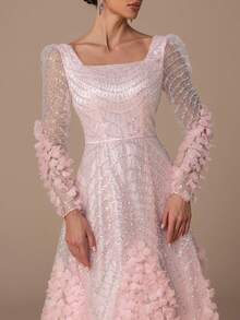 Faeriesty Váy dạ hội đính hạt quyến rũ - Đính hạt tinh tế với tay áo vải tuyn mỏng và viền nhún bèo ấn tượng, ren chéo sau lưng và xếp lớp cánh hoa mềm mại dành cho dạ hội, thảm đỏ và tiệc cưới sang trọng - Hồng - Xem 1