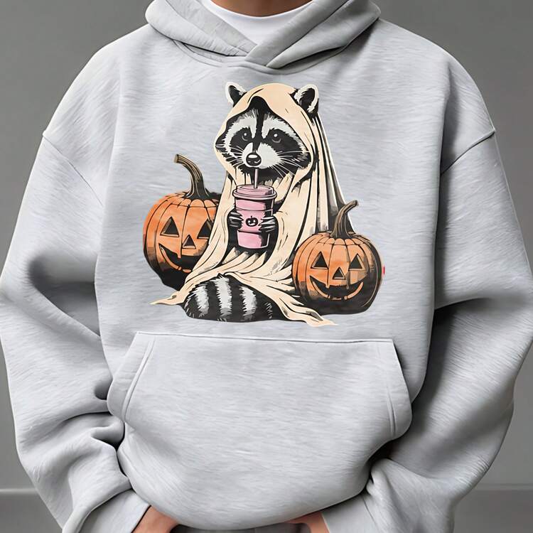 2026 New Men'S Hoodie,Sudadera Con Capucha Gris Con Estampado De Mapache Disfrazado De Fantasma Sosteniendo Una Bebida Y Calabazas De Halloween Ideal Para Uso Diario Fiestas TemáTicas Y Temporada De OtoñO, Comfortable And Versatile Everyday Outfits - Gris - Añade 1