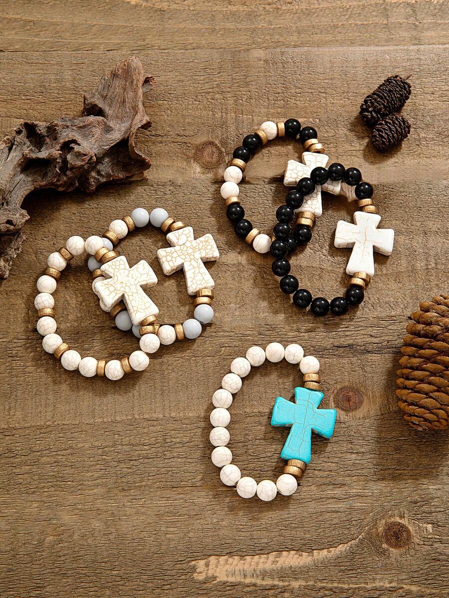 1pc Casual Hiphop Style Faux Turquoise Cross Beaded Bracelet, Minimalist Elastic Wristband Jewelry, Suitable For Daily, Commute, And Party Wear - Multicolor - View 1