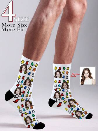 Custom Face Socks, Christmas "Merry Christmas" Theme Personalized Photo Socks, Personalized Funny Face Socks With Gingerbread Man, Bell & Christmas Tree Design, Put Your Custom Face On The Socks, 4 Sizes For Better Fit, Anniversary Gift, Valentine Gift, Birthday Gift, Wedding Gift, Mother's Day/Father's Day Gift, Best Friend Gift, Gift For Mom/Dad/Girlfriend/Boyfriend/Her/Him