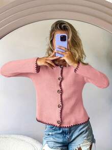 Women's Contrast Trim Round-Neck Long-Sleeved Button-Up Cardigan, Popular In Autumn And Winter, Casual Streetwear, Fall, Out-Going, Christmas, Thanksgiving