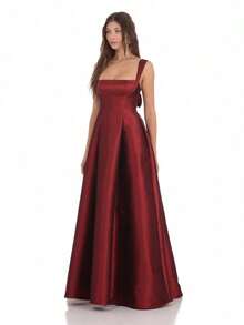 Square Neck Fit And Flare Gown In Maroon Sexy Elegant Satin Dress Fashionable Evening Gown - 酒紅色 - 查看 3