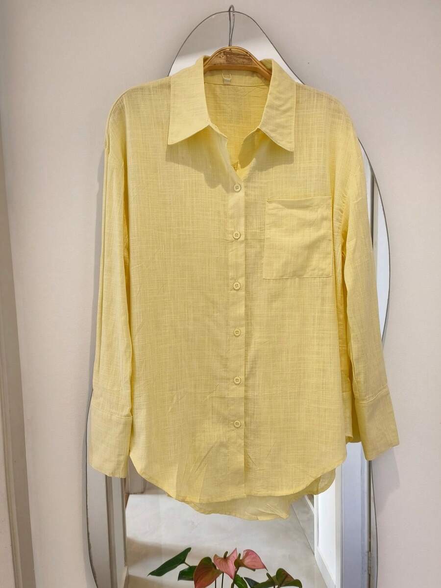 Women's Dress Shirt With Buttons, Long Sleeves - Màu vàng - Xem 1