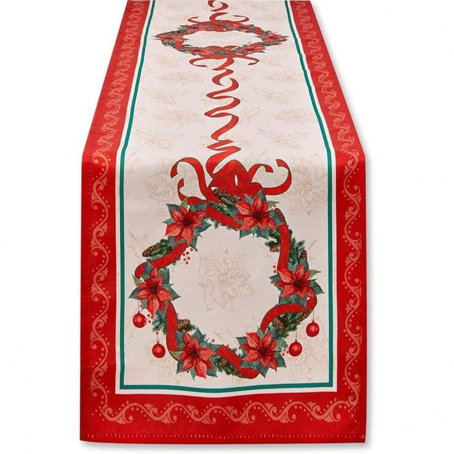 Poinsettia Table Runner - 14x72in Christmas Decor - Engineered Printed Fabric Xmas Holiday Table Linens For Dining Room & Events - Multicolor 47 - View 1