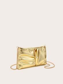 Women's Crossbody Bag, Square Shape, With A Pleated Silk Satin Texture, Lightweight And Stylish, With A Metal Chain, Suitable For Evening Outings And Shopping. - Gold - View 3