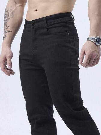 Herrjeans med raka ben och enfärgade, enkla och mångsidiga passform