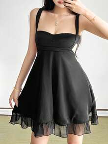 Top Dazzle Loose Fit Off Shoulder Mesh Slip Dress - Black - View 7