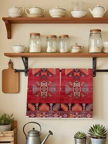 2Pcs Bohemian Geometric Classic Retro Striped Red Moroccan Pattern Kitchen Towels Farmhouse Farm Decor Kitchen Dishcloth Holiday Party Supplies Bathroom Hand Towels Suitable For Kitchen, Dining Room, And Dining Table - Red - View 4