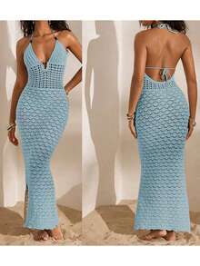 Women's Summer Dress Halter Neck Sleeveless Crochet Hollow Out Bodycon Long Dress For Beach Vacation Party Vacation Outfits Beachwear - Blue - View 3