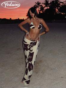 Spring/Summer Sexy Elegant Vacation Abstract Geometric Print 3-Piece Swimsuit Set: Beach Dress + Bikini, Suitable For Summer Beach Vacation, Backless Tie, Easter, St. Patrick's Day, Going Out, Graduation, Elegant - Multicolor - View 9