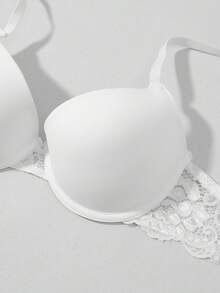 Contrast Color Lace Highly Supportive Wireless Microfiber T-Shirt Bra - White - View 10