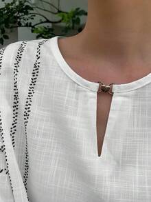 Bộ đồ nữ 2 món gồm áo thun ngắn tay cổ tròn kẻ sọc dọc thanh lịch, kiểu dáng Bohemian, chất liệu vải lanh, thích hợp cho mùa tựu trường, bộ đồ thường ngày hoàn hảo, áo và quần thời trang mùa hè. - Trắng 2 - Xem 6
