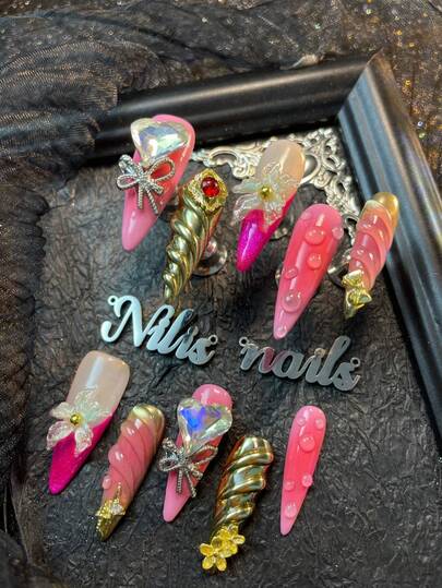 10pcs Handmade Fully Covered Stiletto Nails Press On Nails, Pink Nails, Rose French,Pink Tie Dyeing,Y2k Style Wearable NailArt Set,Suitable For Women To Wear Daily Parties Valentine's Day ,With: A Piece Of JellyGlue And A Friction Strip