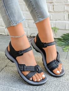 2026 New Colorblock Sports PU Leather Hook & Loop Strap Women's Athletic Casual Sandals, Outdoor Spring/Summer - Black - View 13