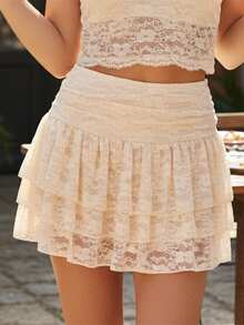 Minifaldas de verano para mujer, informales, elegantes, de color liso, con encaje y volantes, para playa, vacaciones, club, ropa de calle - Caqui - Ver 5